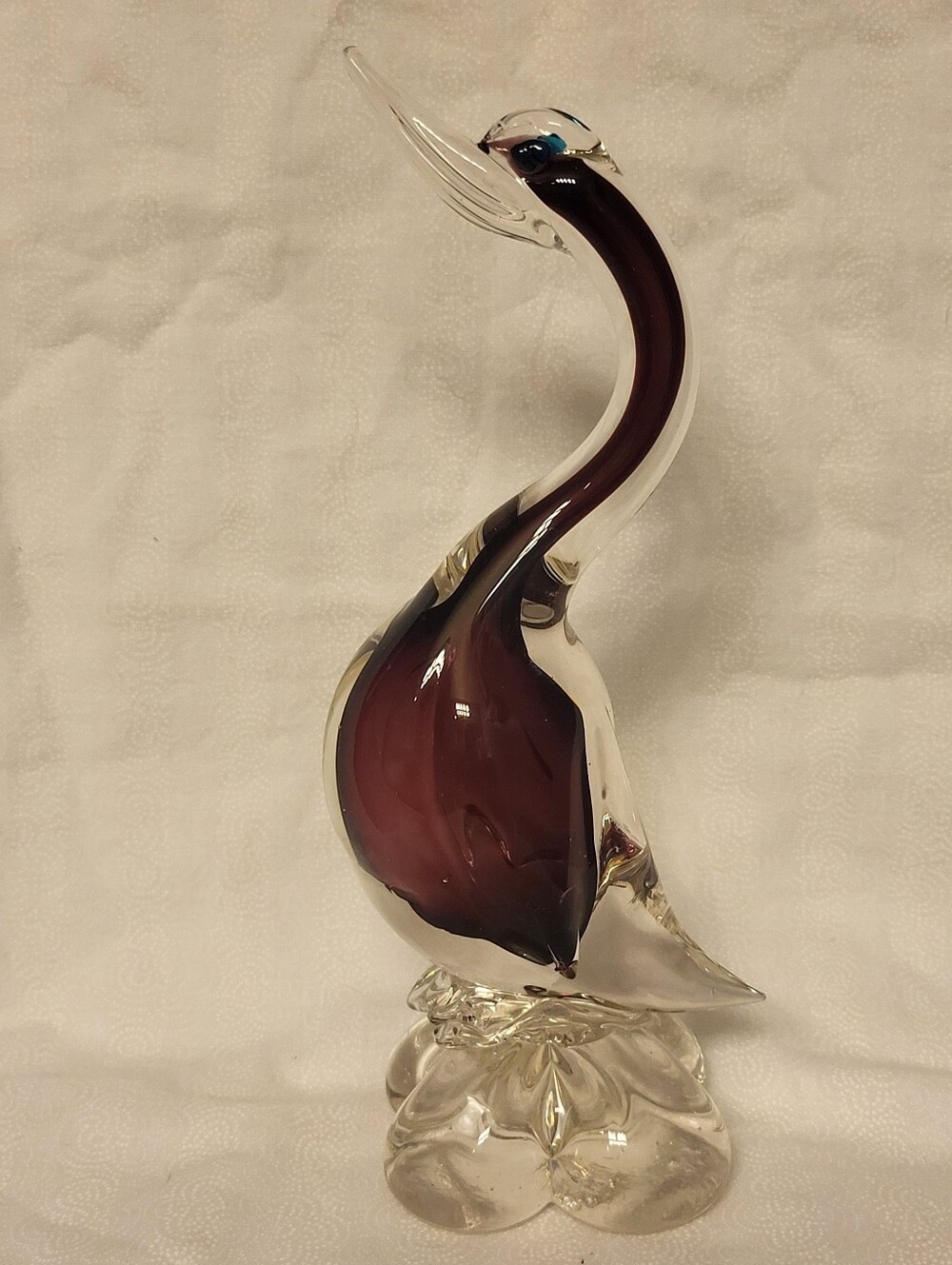 Murano Handblown 9.75 Inch Glass Pelican Sculpture - Deep Burgundy & Clear